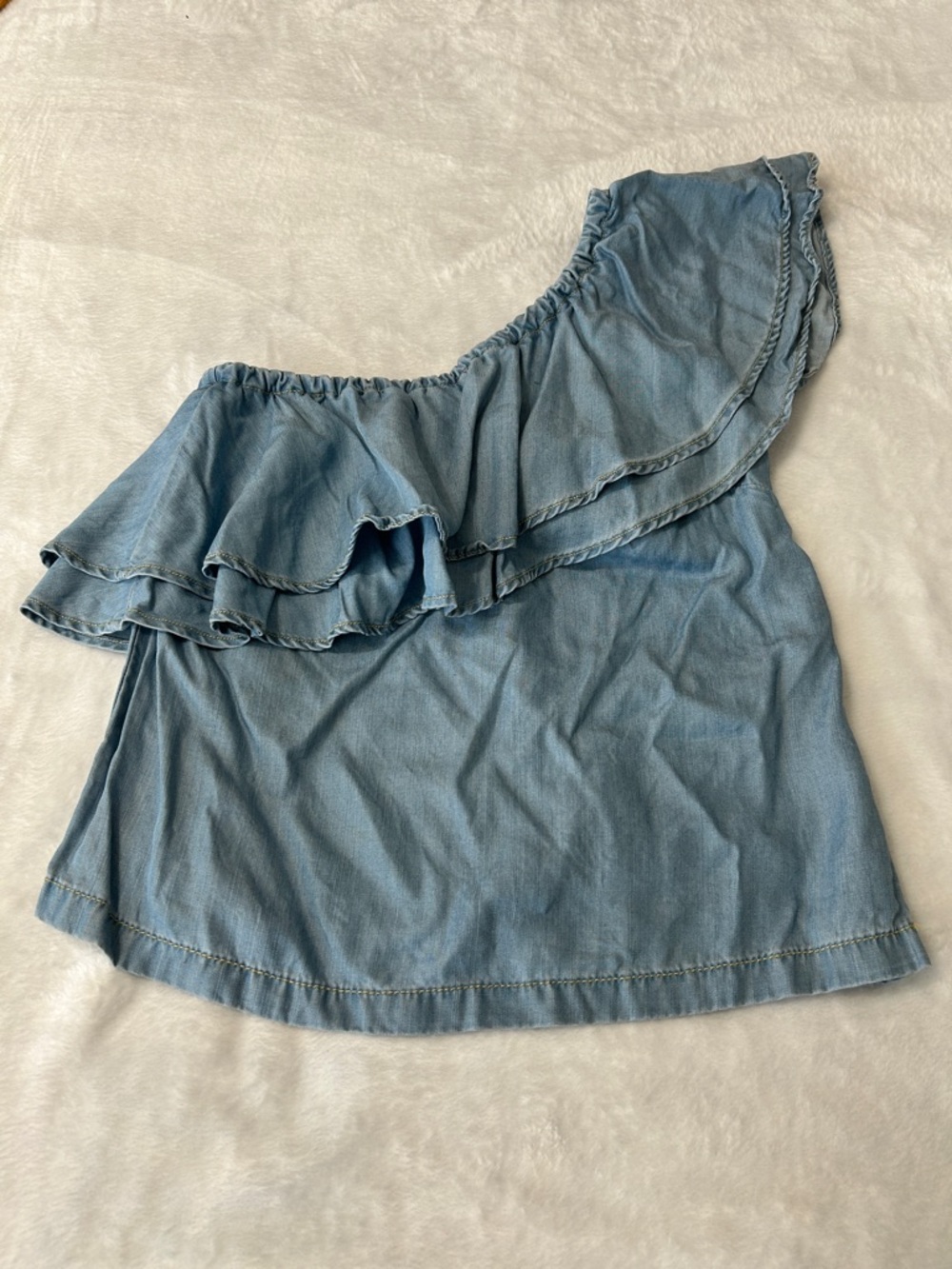 Chelsea28 One Shoulder Ruffle Top XS Blue Denim Style Cropped Statement